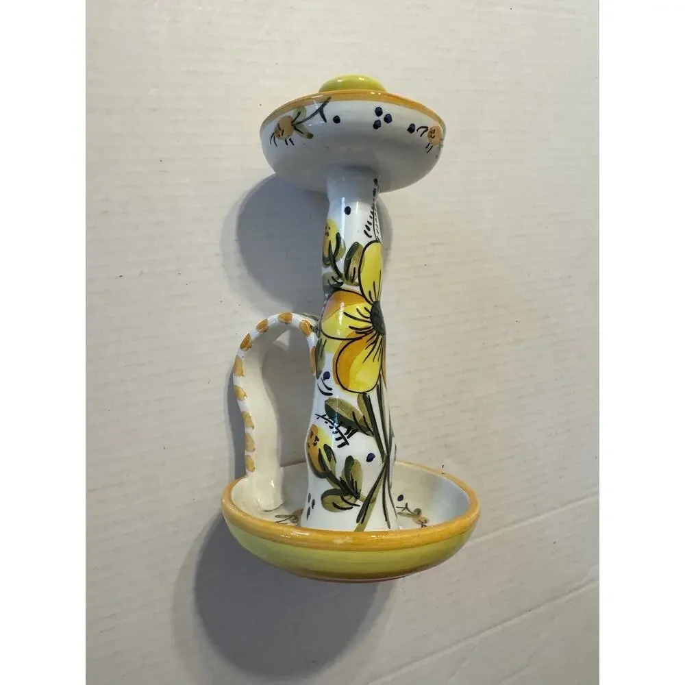 Yellow Floral Ceramic Candle Holder Round with Handle Hand Painted Spain Dish